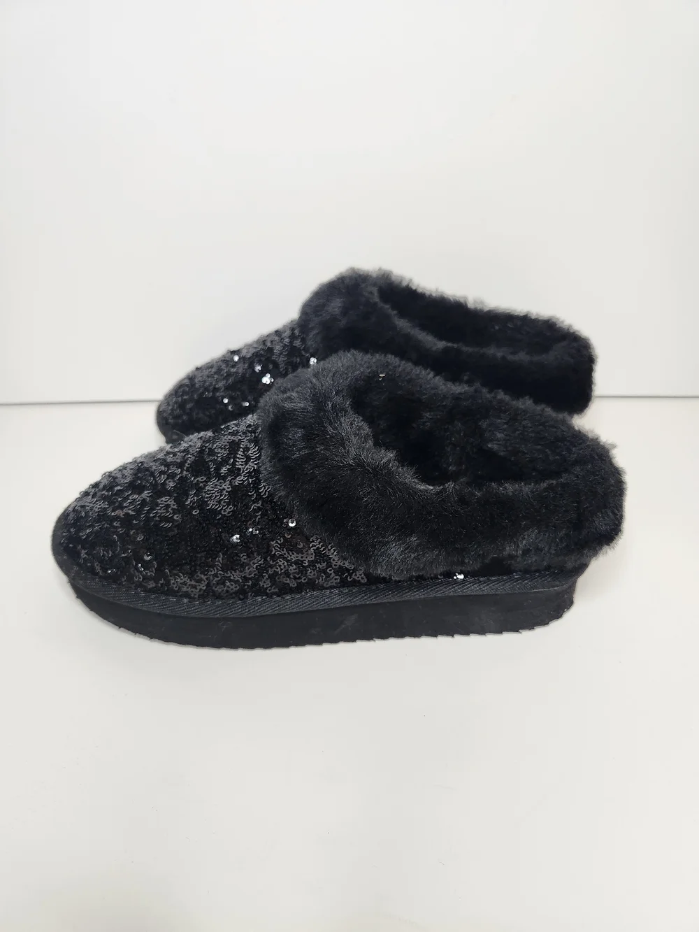 Kids Black Sequin Faux-Fur Mules